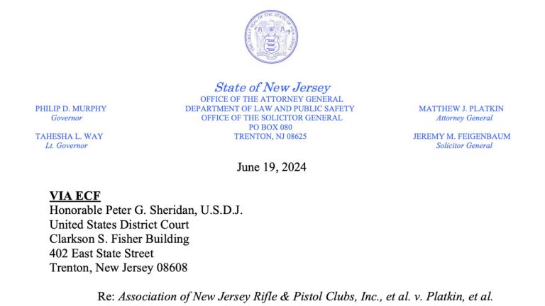 A letter from NJ Attorney General Matthew Platkin to US District Court Judge Peter Sheridan