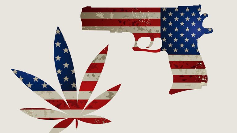 Marijuana leaf and handgun with American flag background