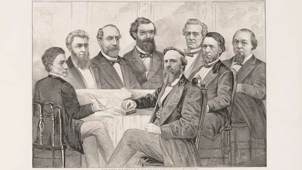 A drawing of President Rutherford B. Hayes, author of the Posse Comitatus Act, and his cabinet.