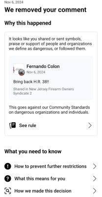 A notification from Facebook detailing why Fernando Colon's comment was removed.