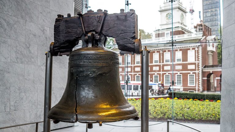 The Liberty Bell, on display in Philadelphia, Pennsylvania.