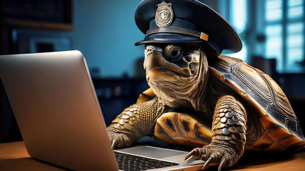 A turtle wearing a police hat and processing someone's application.